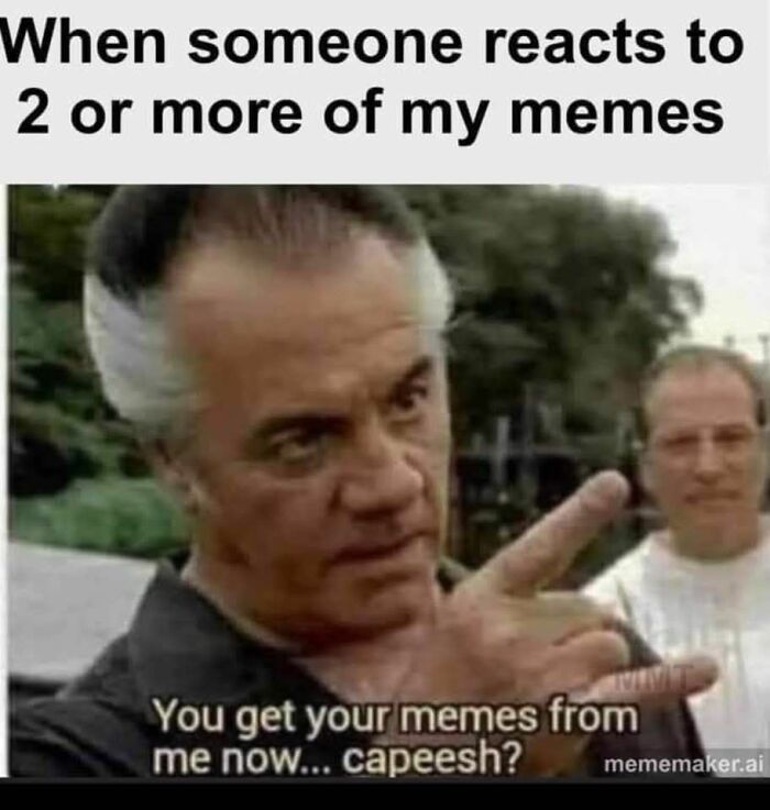 Man pointing finger with text about reacting to memes, humorous post related to funny dad joke content from Facebook group.