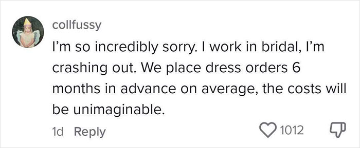 Small business owner in bridal industry worried about new tariffs impacting dress order costs. Small business owner in bridal industry worried about new tariffs impacting dress order costs.