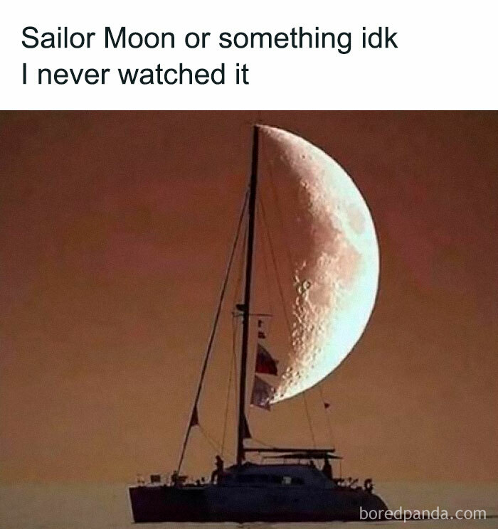 Sailboat silhouette with large crescent moon in background, captioned as a literal meme about "Sailor Moon."