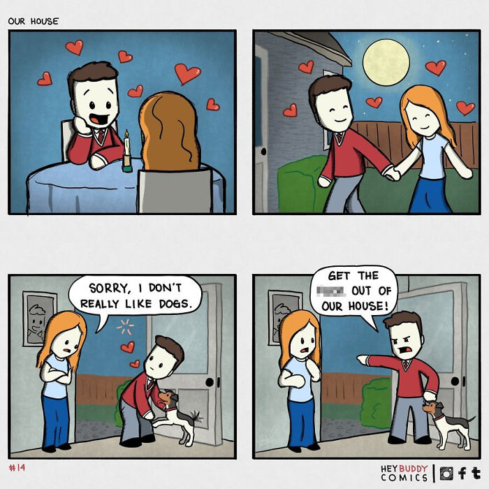 Comic strip by Bored Panda artists humorously depicting a date, a dislike of dogs, and comical consequences.