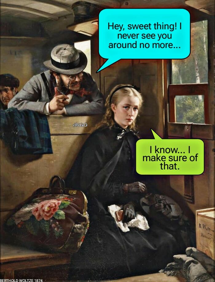 Vintage art meme showing a man chatting with a woman who responds with petty energy on a train.