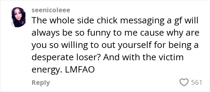 Comment on cheating, discussing the humor in side chick revealing herself to a girlfriend, with laughter reaction. Comment on cheating, discussing the humor in side chick revealing herself to a girlfriend, with laughter reaction.