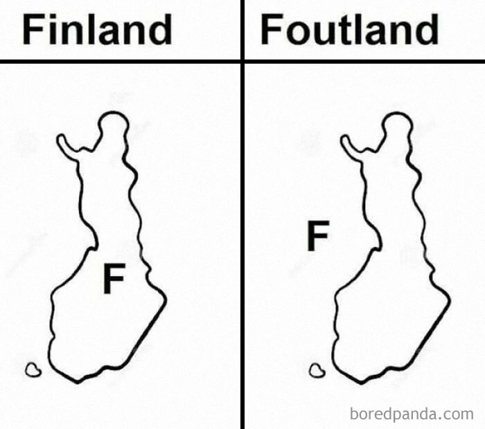 Literal meme comparing Finland and "Foutland" with humorous map error depiction.