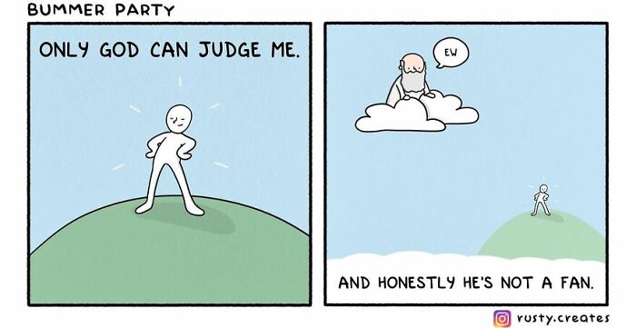 Comic by Bored Panda artist showing a person judged by God, humorously capturing everyday life relatability.