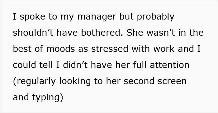 Text image discussing a manager's stress during a video call. Text image discussing a manager's stress during a video call.