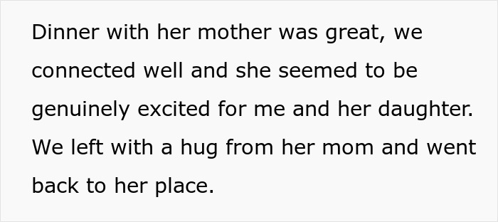 Text from a story about a guy visiting his long-distance girlfriend, detailing dinner with her mother. Text from a story about a guy visiting his long-distance girlfriend, detailing dinner with her mother.
