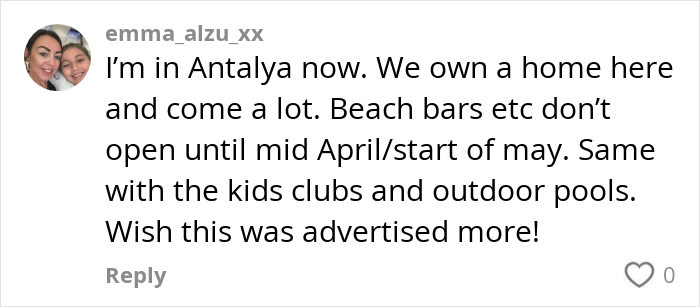 Comment about resort amenities timing in Antalya, Turkey, suggesting more advertising of seasonal closures. Comment about resort amenities timing in Antalya, Turkey, suggesting more advertising of seasonal closures.
