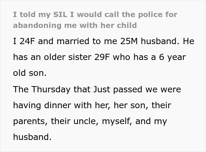 Text discussing babysitting miscommunication and police threat involving in-laws and a child. Text discussing babysitting miscommunication and police threat involving in-laws and a child.
