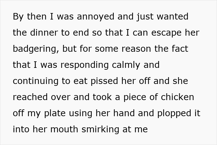 Text excerpt describing a woman taking food off someone else's plate during dinner. Text excerpt describing a woman taking food off someone else's plate during dinner.