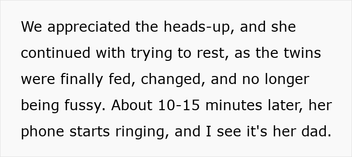 Text discussing a couple during twins' nap and an unexpected call from dad. Text discussing a couple during twins' nap and an unexpected call from dad.
