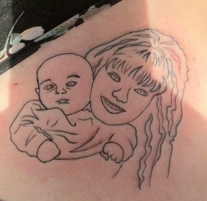 Bad tattoos: Unusual ink drawing of a baby and adult face.