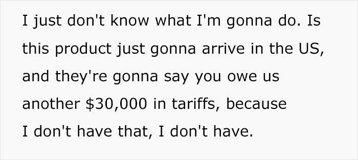 Text from a US small business owner concerned about high tariffs on imported products. Text from a US small business owner concerned about high tariffs on imported products.
