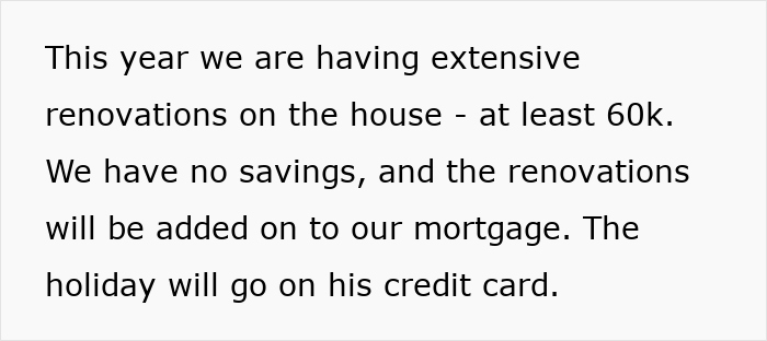 Text image discussing a couple's 60K mortgage increase due to home renovations and the husband's credit card-funded holiday. Text image discussing a couple's 60K mortgage increase due to home renovations and the husband's credit card-funded holiday.