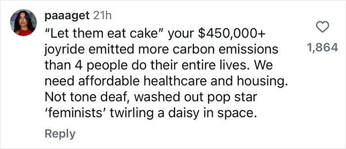 Social media comment criticizing pop star's space flight and limited edition doll, calling it tone-deaf. Social media comment criticizing pop star's space flight and limited edition doll, calling it tone-deaf.