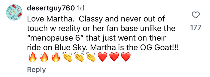 Comment praising Martha Stewart, humorously contrasting her with Blue Origin astronauts. Comment praising Martha Stewart, humorously contrasting her with Blue Origin astronauts.