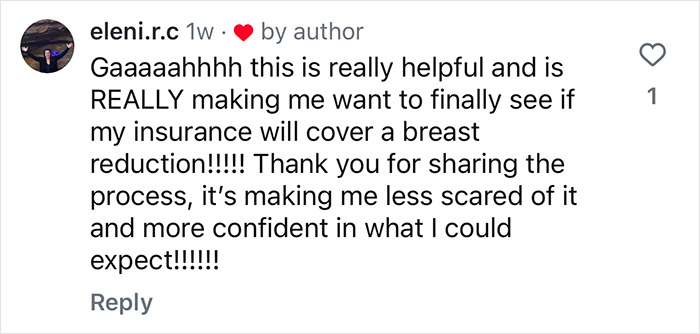 Comment on Instagram, discussing breast reduction and plastic surgery, highlighting insurance and confidence-building process. Comment on Instagram, discussing breast reduction and plastic surgery, highlighting insurance and confidence-building process.