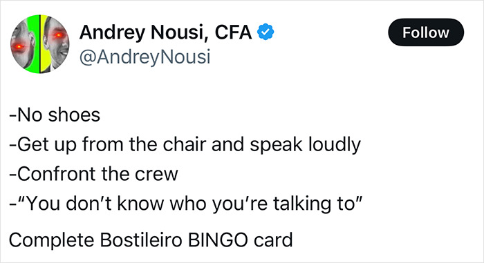 Tweet listing typical behaviors of a Karen on a flight, including confronting crew over delays and causing a scene. Tweet listing typical behaviors of a Karen on a flight, including confronting crew over delays and causing a scene.