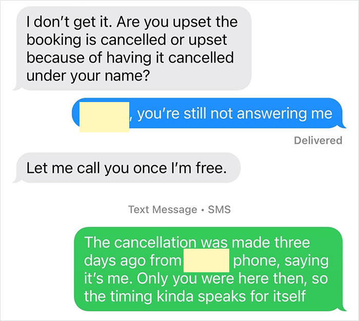 Text message conversation about a canceled honeymoon, revealing a conflict over the cancellation details. Text message conversation about a canceled honeymoon, revealing a conflict over the cancellation details.