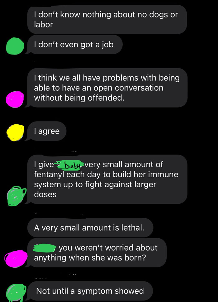 Chat conversation discussing openness and reactions about new baby and vaccines. Chat conversation discussing openness and reactions about new baby and vaccines.