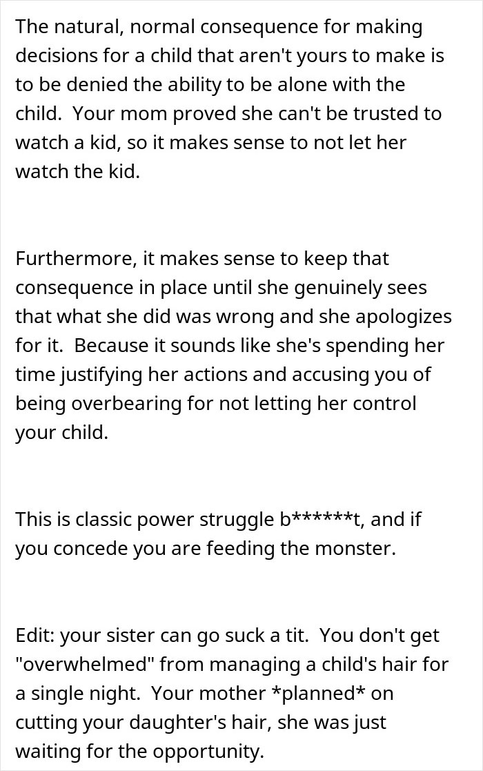 Text discussing consequences of MIL cutting child's hair without permission, emphasizing trust issues and control dynamics. Text discussing consequences of MIL cutting child's hair without permission, emphasizing trust issues and control dynamics.
