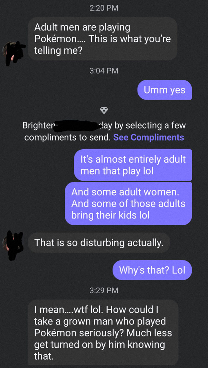 Text messages discussing adults playing Pokémon and reactions to it.