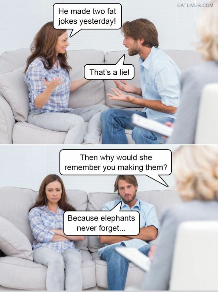 Couple having a funny dad joke argument on couch with speech bubbles, showcasing humor from dad joke posts.