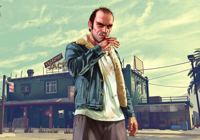 A rugged character standing with a cigarette, exemplifying the art of insulting, in front of a rustic diner building.