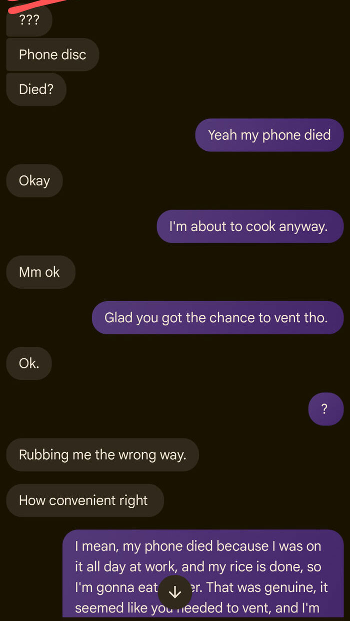 Text message exchange with a woman needing a reality check, discussing a phone dying and dinner plans.