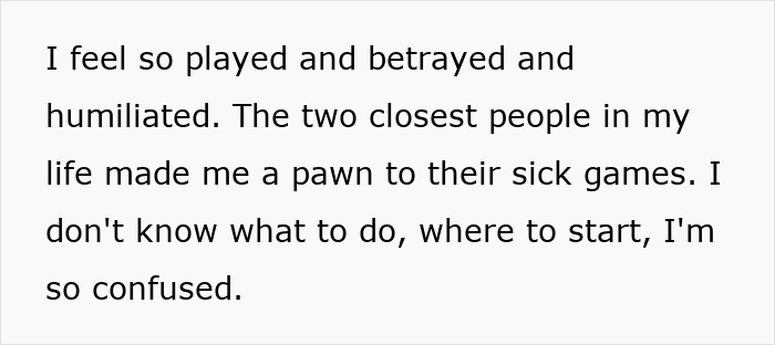 Text about bride's feelings of betrayal over bet made by fiancé and best friend. Text about bride's feelings of betrayal over bet made by fiancé and best friend.