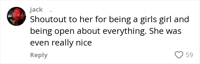 Comment praising a woman's openness amidst a cheating scandal, with 59 likes. Comment praising a woman's openness amidst a cheating scandal, with 59 likes.