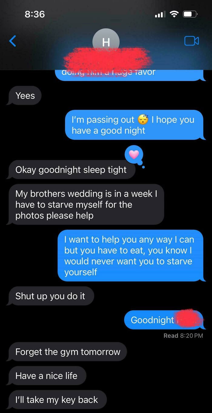 Text conversation discussing a wedding, dieting, and relationship tension; woman seeking a reality check.