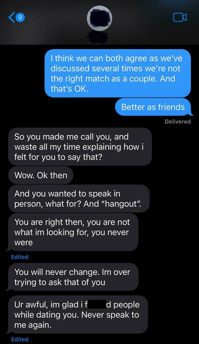 Text exchange showing a person dismissing a relationship mismatch, receiving a heated response.