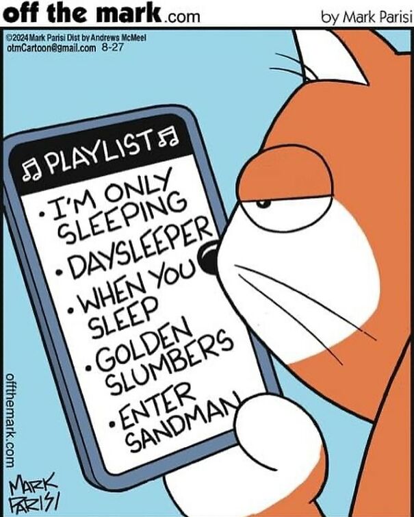 Cartoon depicting a cat holding a phone with a playlist titled "I'm Only Sleeping," illustrating life with a cat.