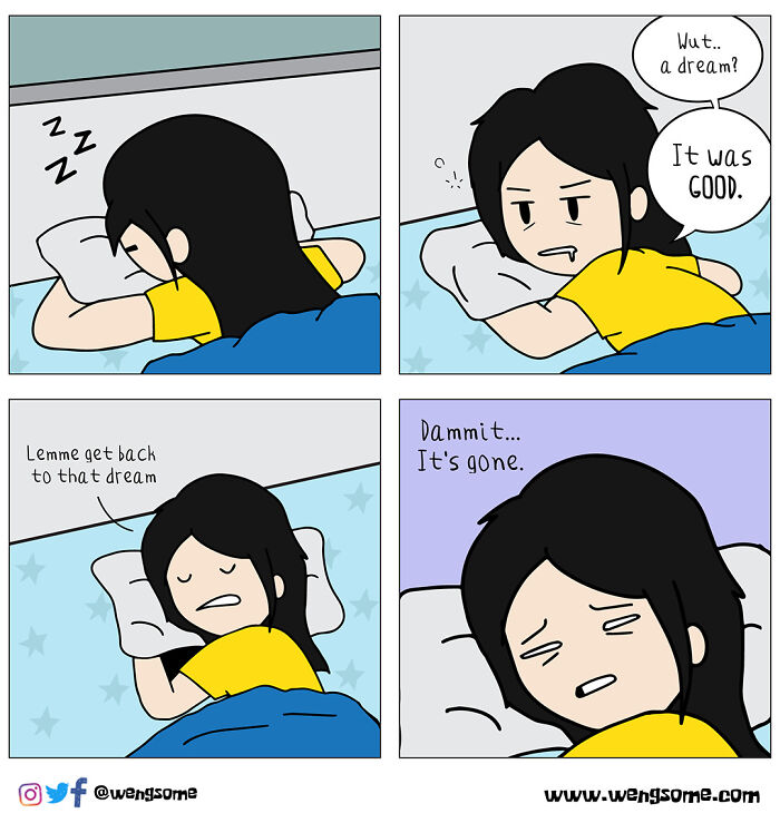 Comic of a person waking from a good dream and trying to return to sleep, reflecting relatable everyday life moments.