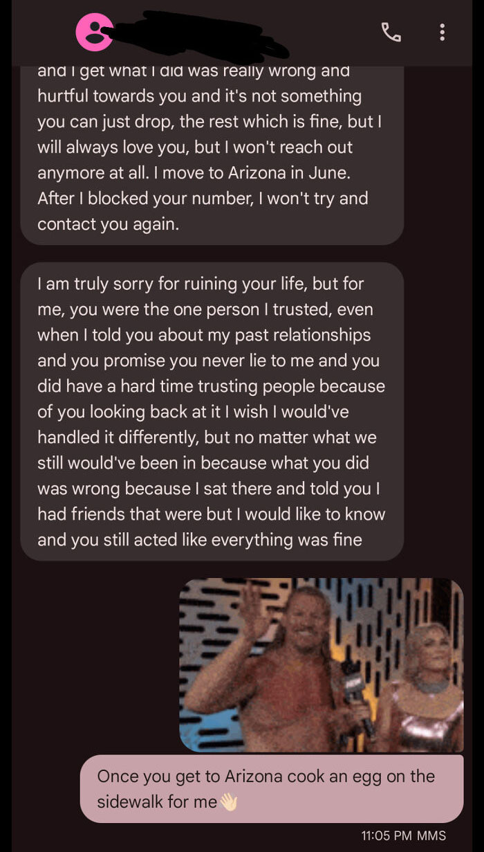 Text message thread showing a long apology and a humorous response about cooking an egg on a sidewalk.