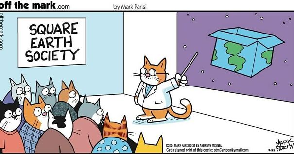 Cartoon cat in glasses humorously presenting at "Square Earth Society" meeting, surrounded by other cats.