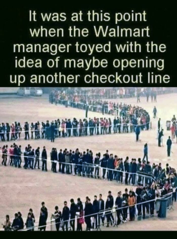 Long line of people winding outdoors with a dad joke about a Walmart manager considering opening another checkout line.