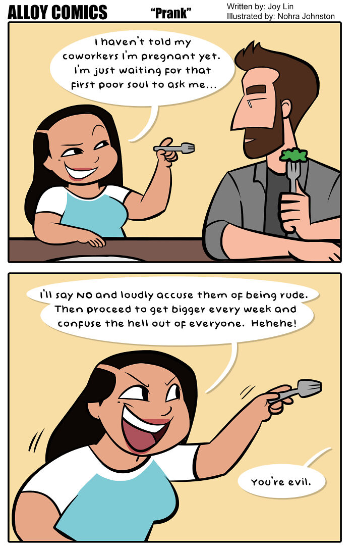 Comic of coworkers, one with a prank about pregnancy in an office setting, showcasing relatable everyday life humor.