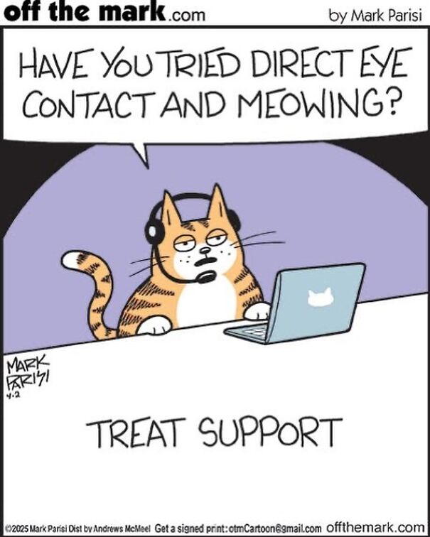 Cat as tech support with a headset, suggesting eye contact and meowing. Cartoon humor about cats.