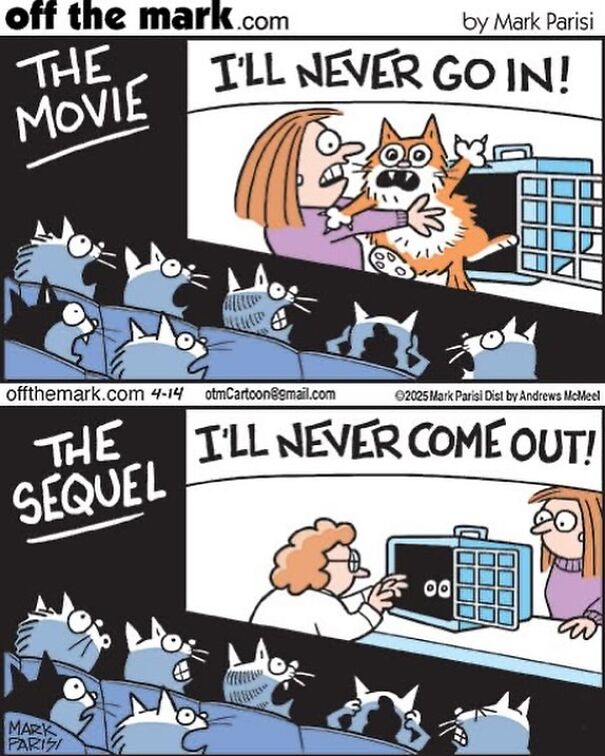 Cartoon showing funny cat scenes with audience watching and reacting to "The Movie" and "The Sequel."