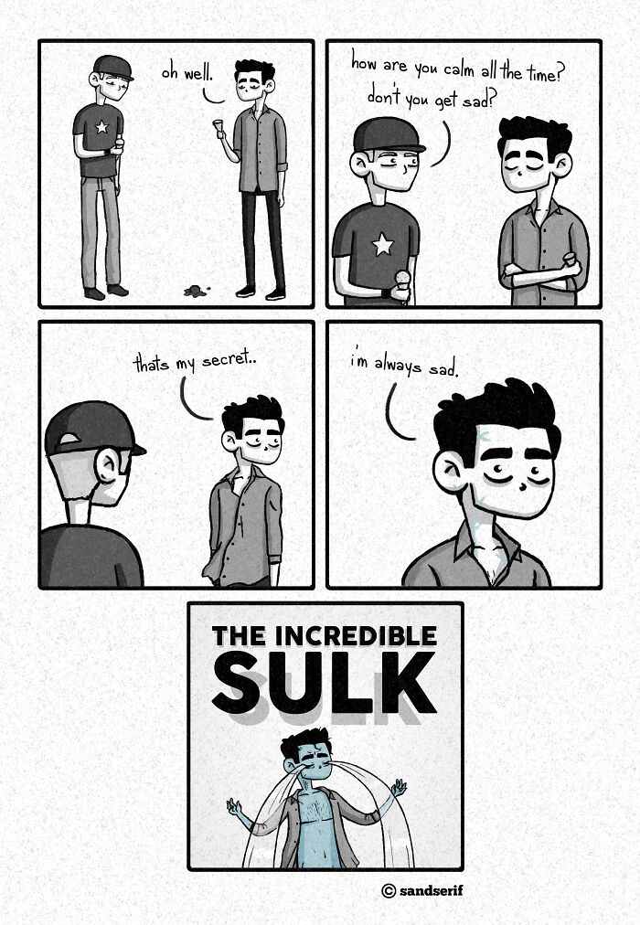 Relatable comic by Bored Panda artist showing a character revealing their secret to staying calm: always being sad.