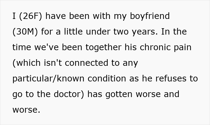 Text from a woman discussing her boyfriend's worsening chronic pain despite no medical consultation. Text from a woman discussing her boyfriend's worsening chronic pain despite no medical consultation.