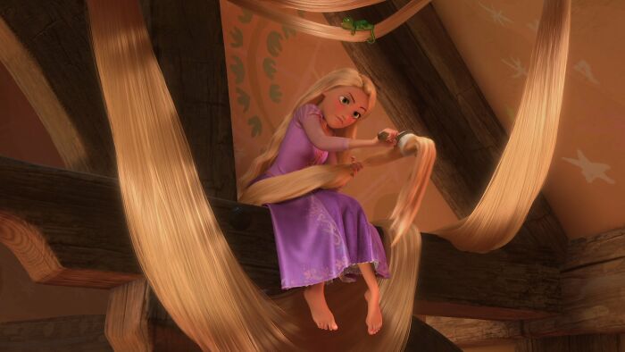 Animated character sitting with long hair, wearing a purple dress, showcasing artistic skill in a wooden room.