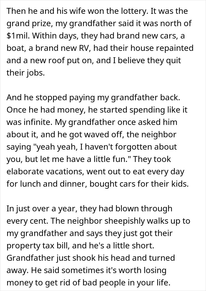 A story about lottery winnings leading to indulgence and financial strain, highlighting sharing and relationship themes. A story about lottery winnings leading to indulgence and financial strain, highlighting sharing and relationship themes.