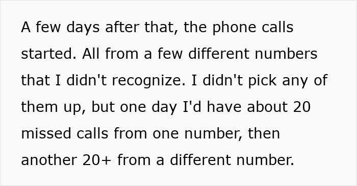 Text discussing numerous missed calls from unfamiliar numbers, likely related to upset ex-girlfriend post-breakup. Text discussing numerous missed calls from unfamiliar numbers, likely related to upset ex-girlfriend post-breakup.
