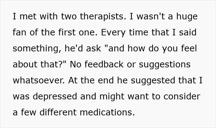 Text about an experience with a therapist lacking helpful feedback, discussing feelings and depression treatment. Text about an experience with a therapist lacking helpful feedback, discussing feelings and depression treatment.