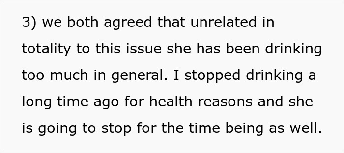 Text discussing issues with wife's drinking and agreement to stop. Text discussing issues with wife's drinking and agreement to stop.