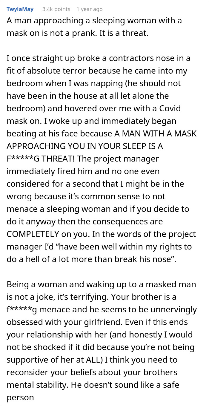 Text screenshot discussing a man's family wanting him to leave his girlfriend after she confronts a brother's prank. Text screenshot discussing a man's family wanting him to leave his girlfriend after she confronts a brother's prank.