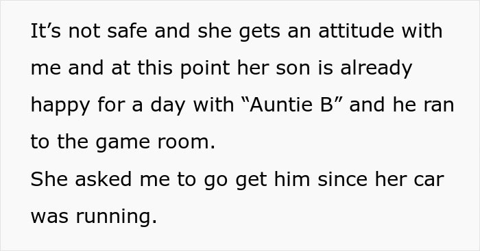Text discussing babysitting miscommunication involving in-laws, attitudes, and a child running to the game room. Text discussing babysitting miscommunication involving in-laws, attitudes, and a child running to the game room.