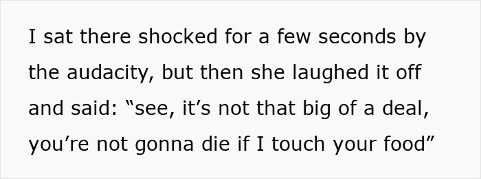 Text image about family dinner, showing disagreement over touching someone’s food. Text image about family dinner, showing disagreement over touching someone’s food.